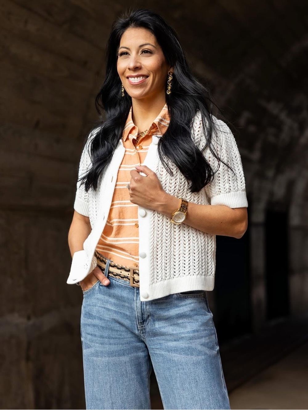 CAbi Doris Open-Knit Short Sleeve Button Cardigan